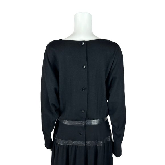 Vintage 80s Black Dress Women's Large Faux Leather Trim Waist Batwing Sleeves Bo - Picture 8 of 10